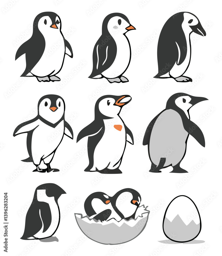 Obraz premium Cute and Silhouette Penguin Vector Set – Cartoon Baby Penguins in Various Poses and Black and White Icons for Kids, Winter, and Wildlife Design.