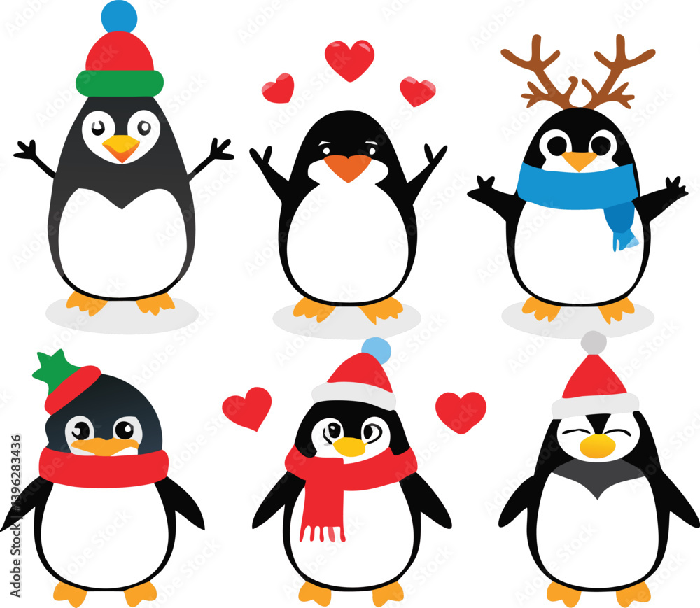 Obraz premium Cute Cartoon Penguins in Winter and Holiday Outfits with Gifts, Balloons, and Festive Accessories – Christmas and New Year Animal Clipart Collection.