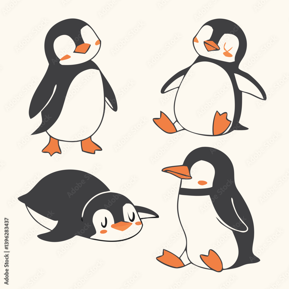 Fototapeta premium Cute and Silhouette Penguin Vector Set – Cartoon Baby Penguins in Various Poses and Black and White Icons for Kids, Winter, and Wildlife Design.