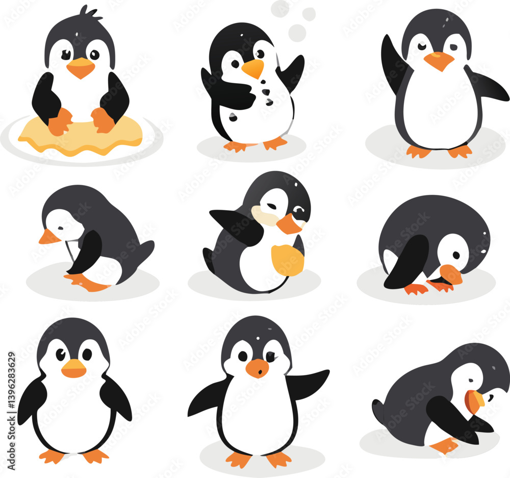 Obraz premium Cute and Silhouette Penguin Vector Set – Cartoon Baby Penguins in Various Poses and Black and White Icons for Kids, Winter, and Wildlife Design.
