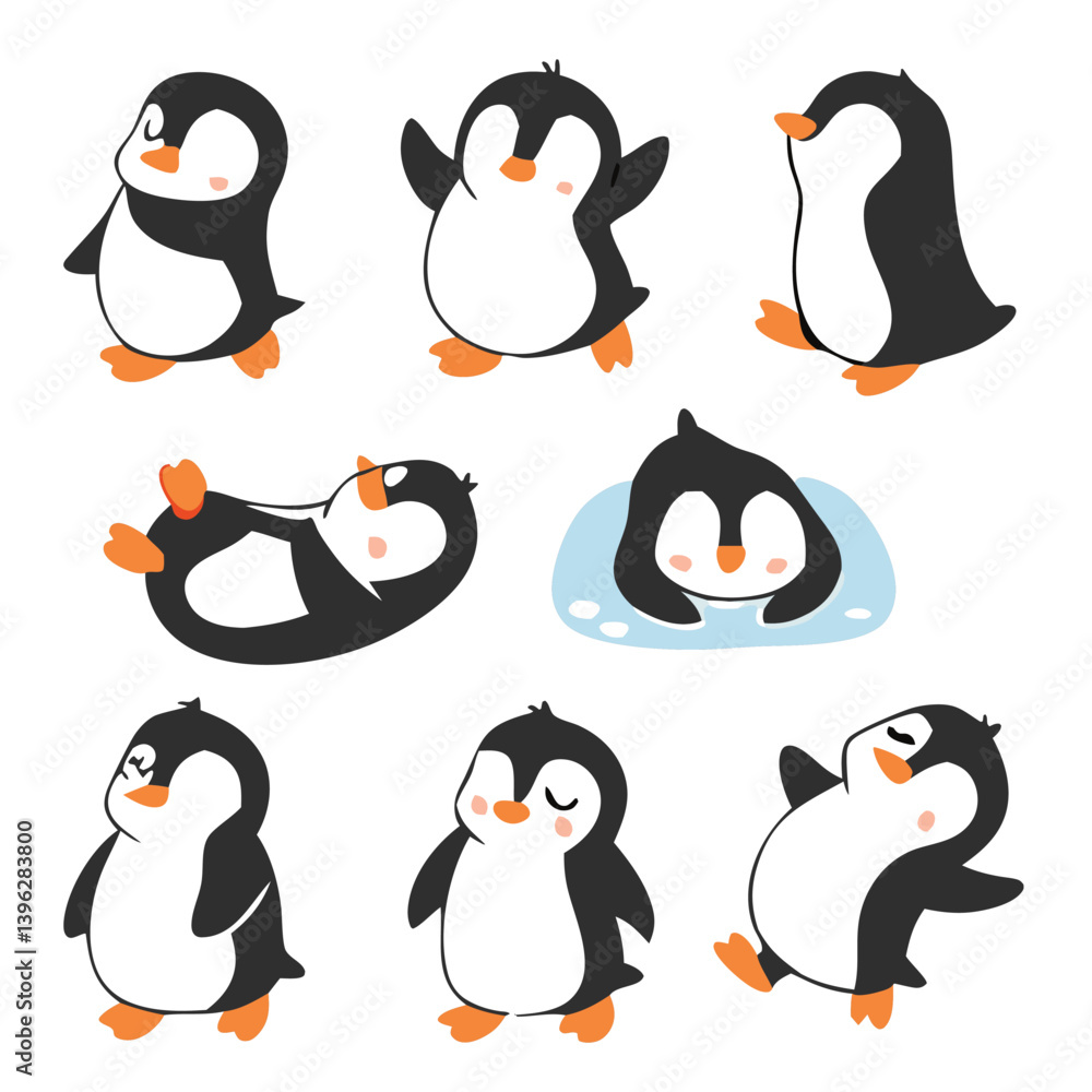 Obraz premium Cute and Silhouette Penguin Vector Set – Cartoon Baby Penguins in Various Poses and Black and White Icons for Kids, Winter, and Wildlife Design.