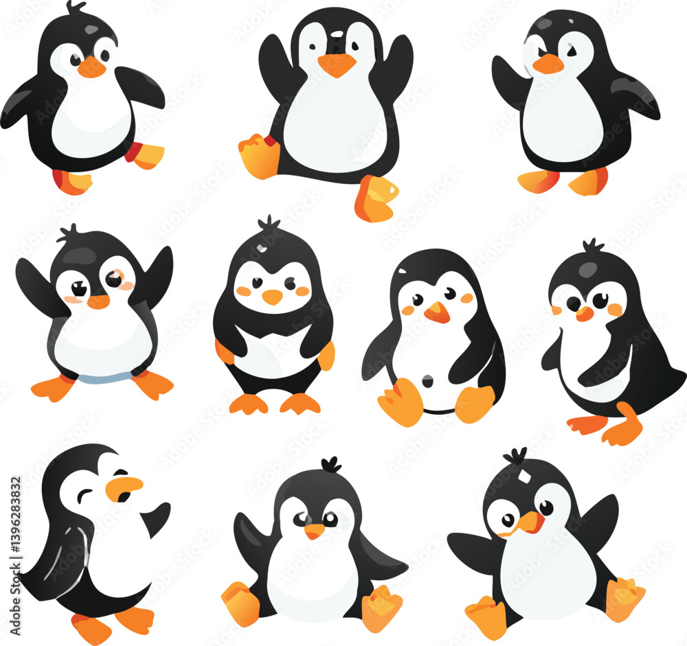 Fototapeta premium Cute and Silhouette Penguin Vector Set – Cartoon Baby Penguins in Various Poses and Black and White Icons for Kids, Winter, and Wildlife Design.
