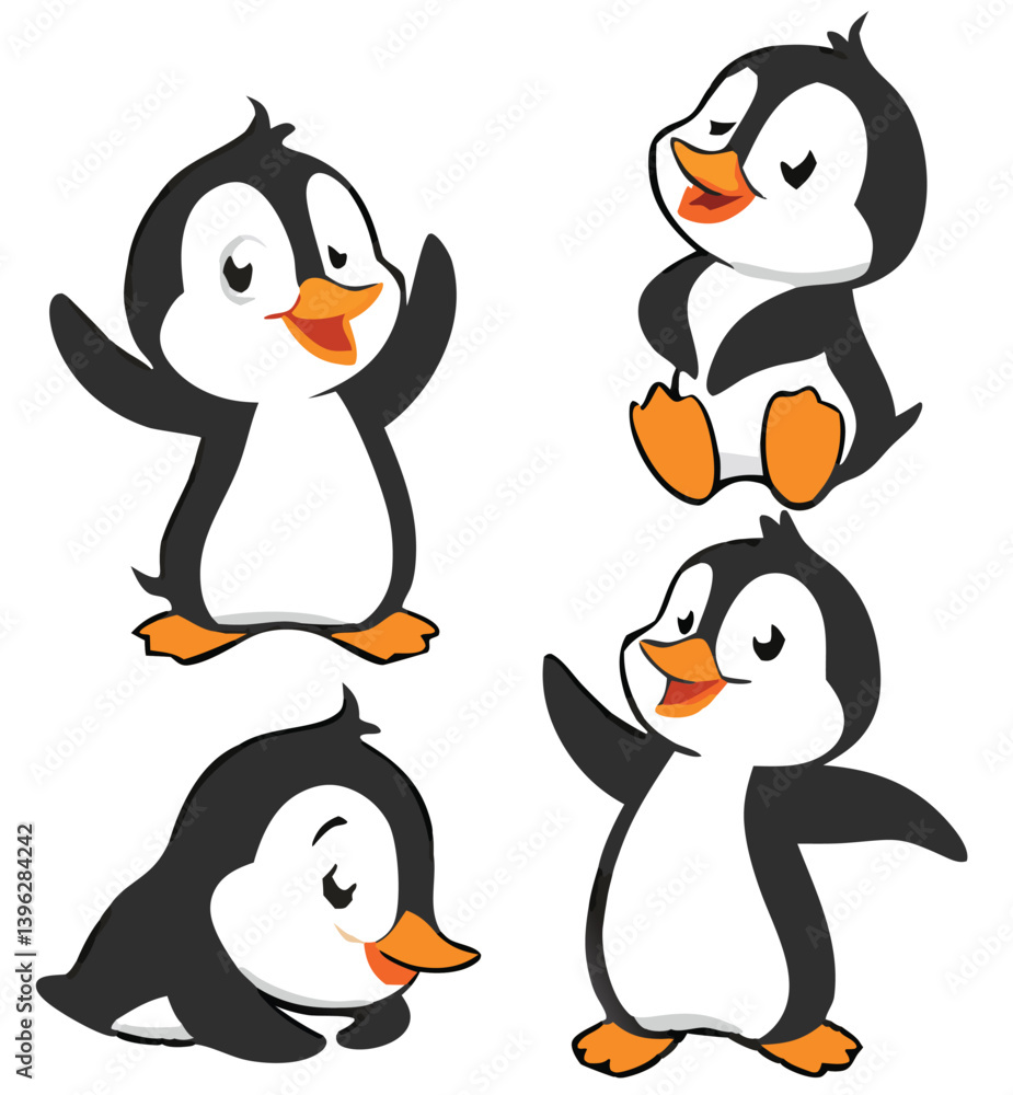 Obraz premium Cute and Silhouette Penguin Vector Set – Cartoon Baby Penguins in Various Poses and Black and White Icons for Kids, Winter, and Wildlife Design.