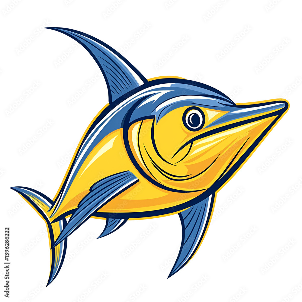 Naklejka premium Illustration of Colorful Tuna Fish Swimming Gracefully Through the Ocean with Detailed Blue and Yellow Fins and Streamlined Body on Transparent Background