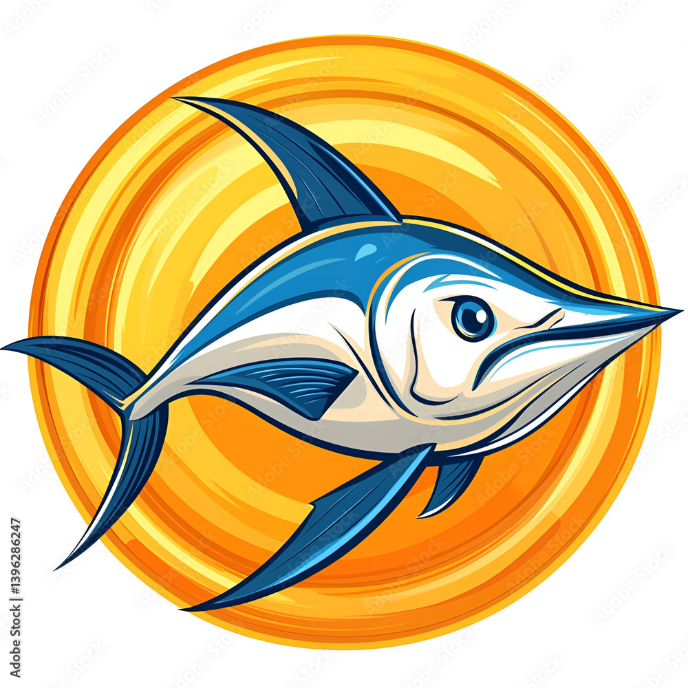 Naklejka premium Illustration Of A Blue Marlin Swimming Against A Vibrant Yellow Circular Background Representing Ocean Adventure And Marine Life
