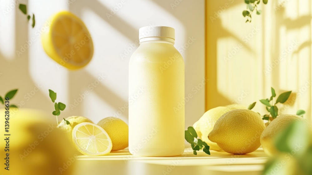 Lemon juice bottle studio shot, sunlight Lemon juice bottle studio shot, sunlight
