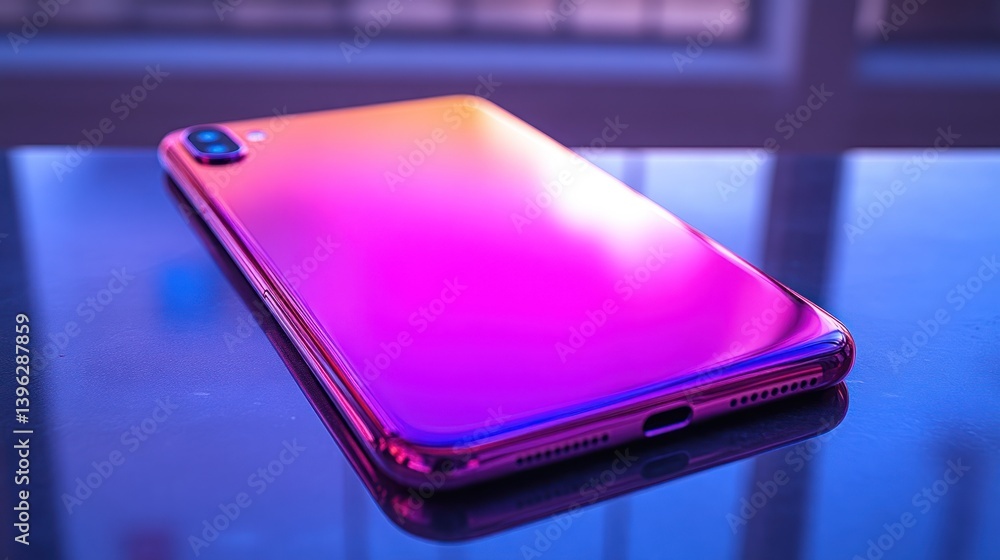 Modern Smartphone with Gradient Back Panel Illuminated by Neon Lights Modern Smartphone with Gradient Back Panel Illuminated by Neon Lights