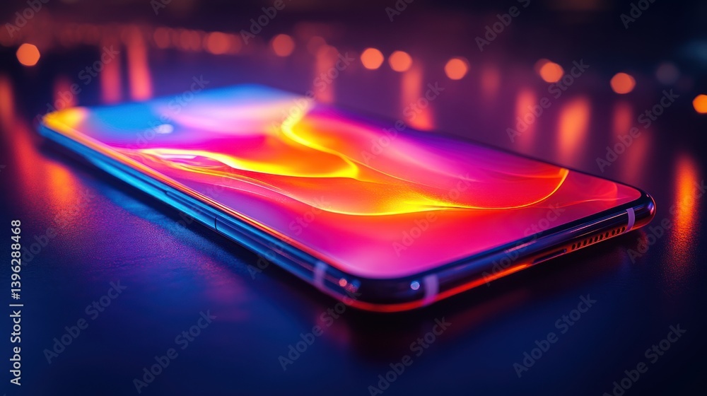 Modern Smartphone with Vibrant Neon Lights and Reflective Surface Modern Smartphone with Vibrant Neon Lights and Reflective Surface