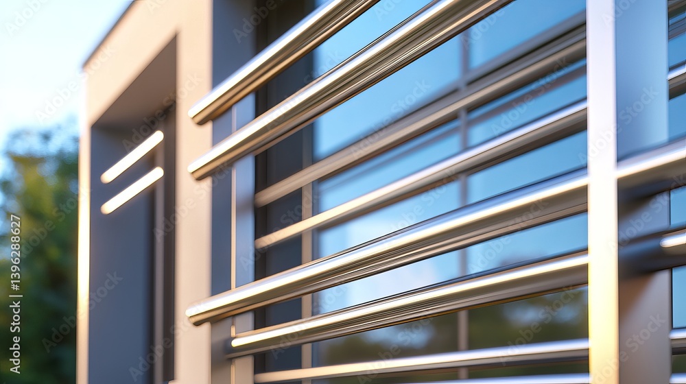 Modern Stainless Steel Railing Design Architectural Element Exterior Building Detail Closeup View Elegant Metalwork Residential Structure Polished Chrome Pipes Contemporary Home Improvement Project Modern Stainless Steel Railing Design Architectural Element Exterior Building Detail Closeup View Elegant Metalwork Residential Structure Polished Chrome Pipes Contemporary Home Improvement Project