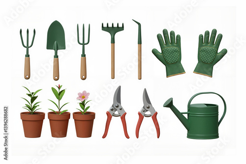 Garden tools, potted plants, a set of home gardening items on a white background