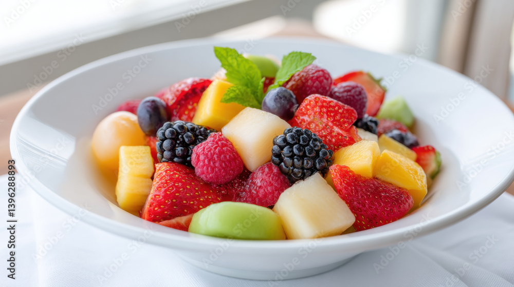 Fresh fruit salad featuring vibrant strawberries, blueberries, raspberries, and melons, garnished with mint for refreshing touch Fresh fruit salad featuring vibrant strawberries, blueberries, raspberries, and melons, garnished with mint for refreshing touch