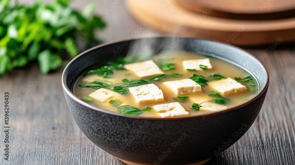 Hearty, steaming bowl of miso soup. Fresh tofu cubes, vibrant greens, and a rich broth Hearty, steaming bowl of miso soup. Fresh tofu cubes, vibrant greens, and a rich broth