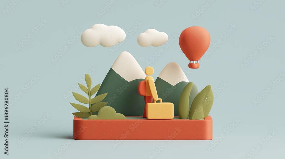Colorful 3D model depicting a traveler with a suitcase in a mountainous landscape under a hot air balloon.