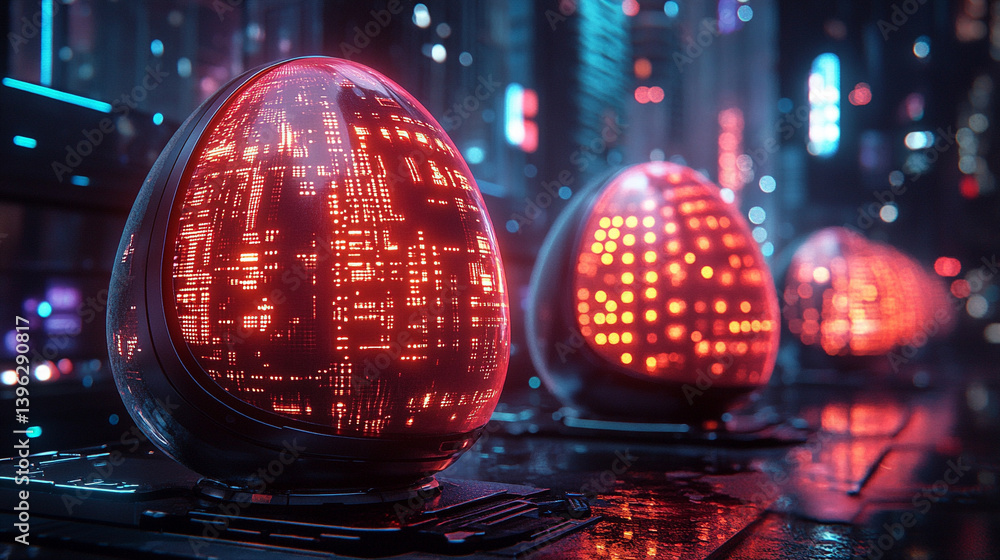 Futuristic neon glowing eggs in sci-fi cyberpunk style with vibrant lights and reflections on a dark high-tech surface, symbolizing technology, innovation, and a digital future.
Futuristic neon glowing eggs in sci-fi cyberpunk style with vibrant lights and reflections on a dark high-tech surface, symbolizing technology, innovation, and a digital future.
