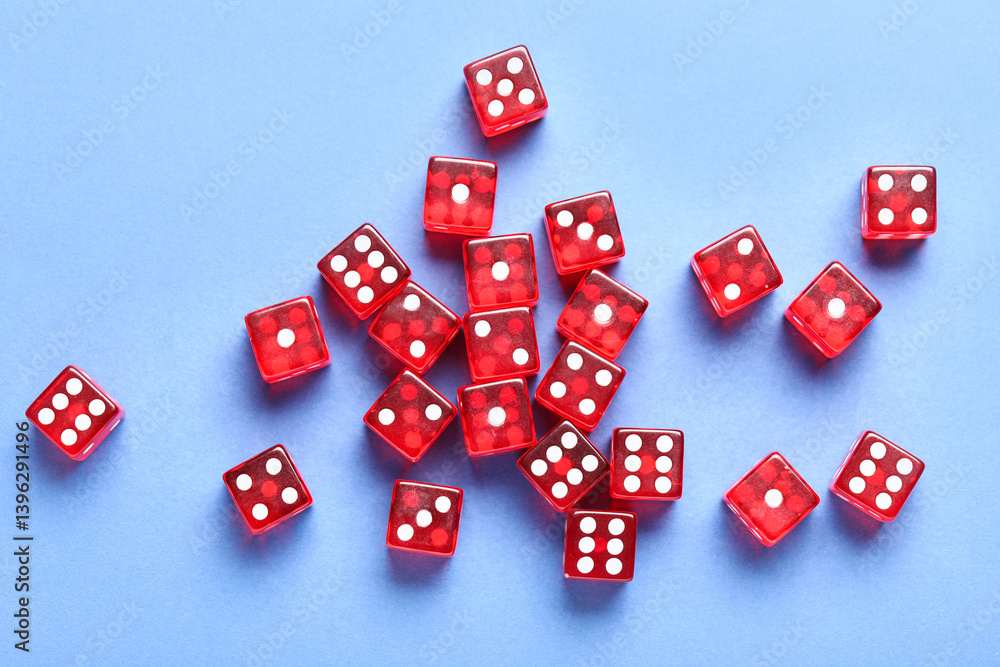 Red game dices on blue background Red game dices on blue background