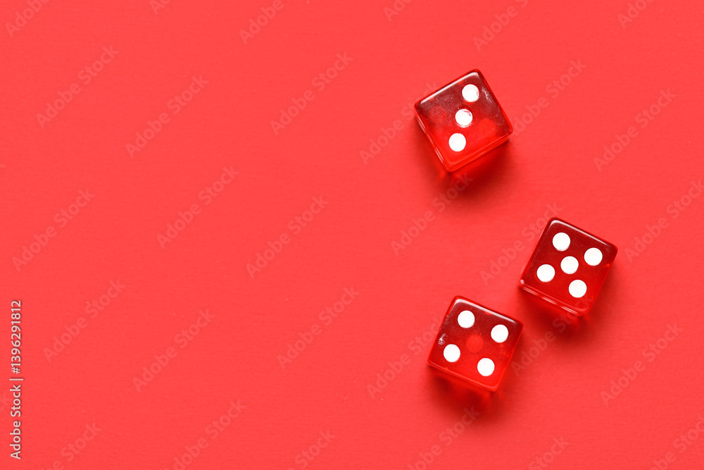 Red game dices on color background