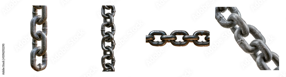 Obraz premium Different Types of Metal Chains Isolated on White Background, PNG bundle collection, Isolated on Transparent Background