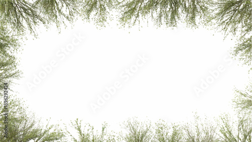 A rectangular frame of tree green leaves and branches as vector file created by 3D modeling photorealistic tree plants.