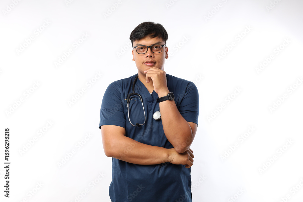 Young asian nurse posed in studio looking camera with doubtful and skeptical expression. Young asian nurse posed in studio looking camera with doubtful and skeptical expression.
