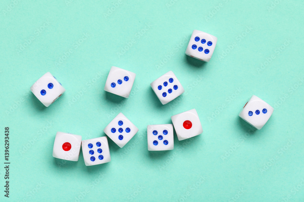 White game dices on turquoise background White game dices on turquoise background