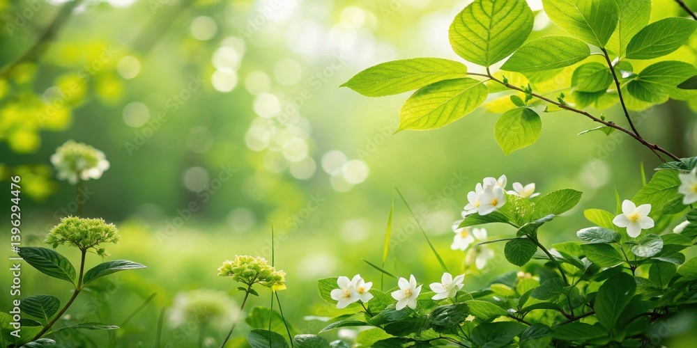 A fresh spring garden with green foliage and a blurred bokeh background. green leaves background A fresh spring garden with green foliage and a blurred bokeh background. green leaves background