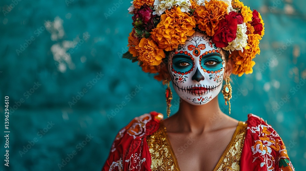 Fototapeta premium Colorful Day of the Dead Celebration with Traditional Makeup and Flowers