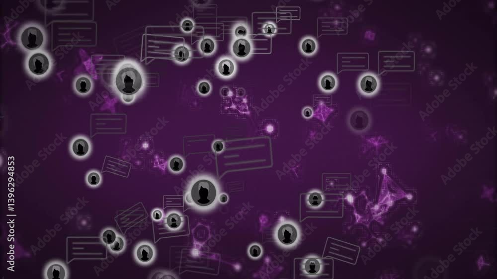 Digital network connections with silhouettes and chat bubbles on purple background animation Digital network connections with silhouettes and chat bubbles on purple background animation