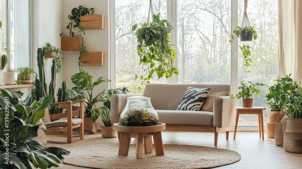 Fototapeta premium A beautifully decorated living space filled with indoor greenery plants