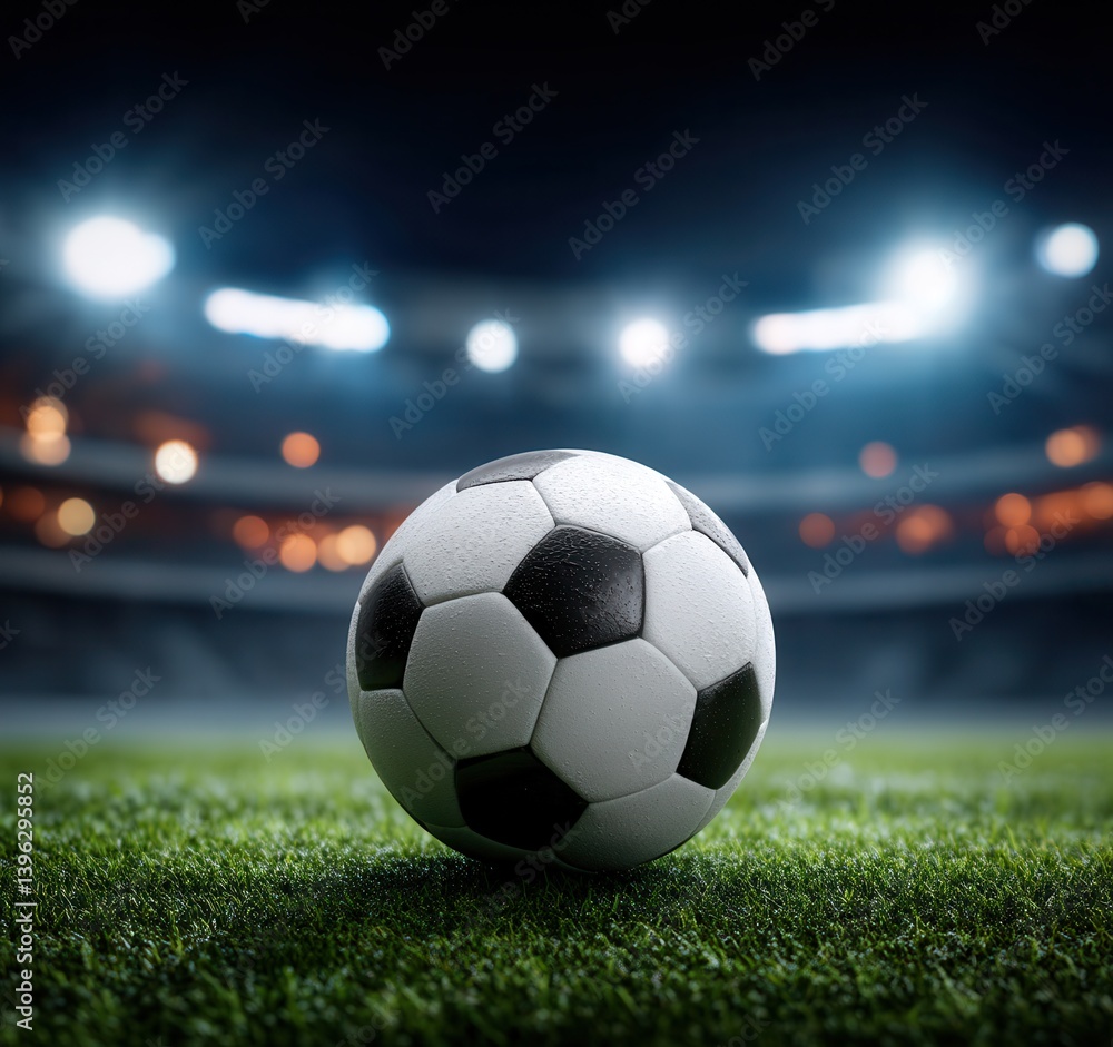 Fototapeta premium Soccer ball on a lush green field under stadium lights.