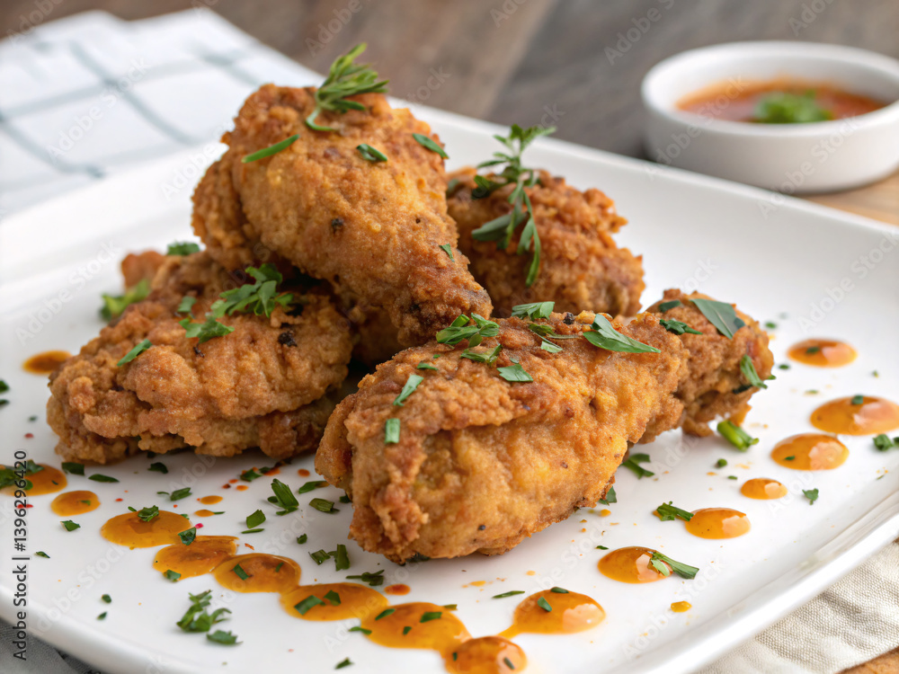 Crispy golden fried chicken drumsticks, a savory delight, glistening with a tangy orange glaze and fresh herbs, served on a pristine white plate. Crispy golden fried chicken drumsticks, a savory delight, glistening with a tangy orange glaze and fresh herbs, served on a pristine white plate.