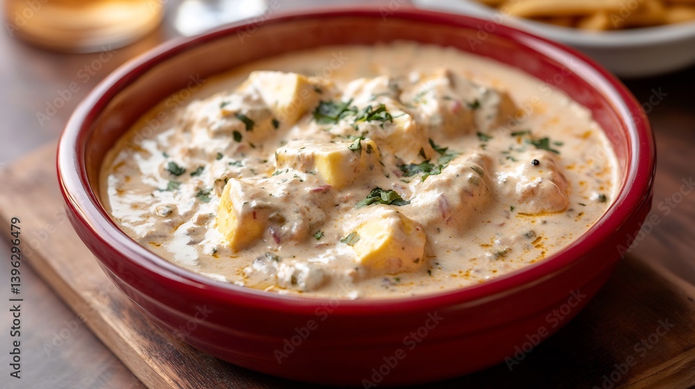 Creamy paneer makhani curry beautifully presented a vibrant red ceramic dish Creamy paneer makhani curry beautifully presented a vibrant red ceramic dish