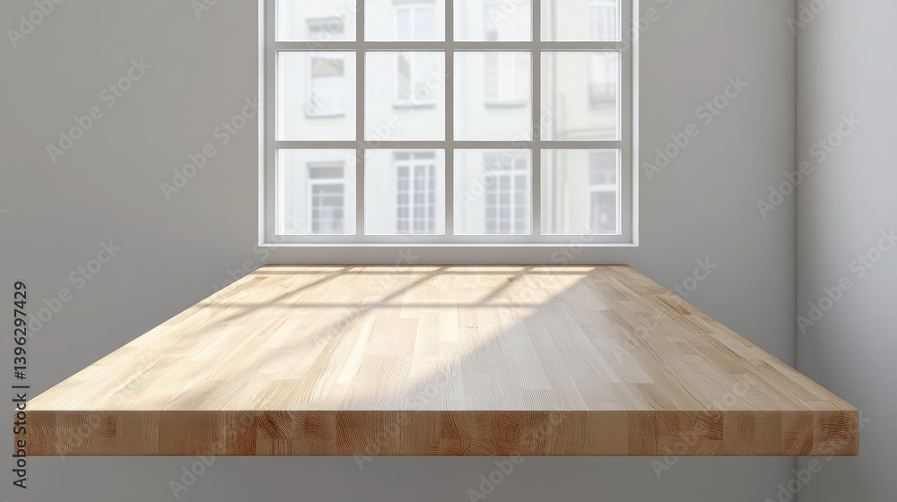 Fototapeta premium top view of empty clean wooden kitchen countertop standing near window, table, desk, place for layout, copy space, furniture, wood texture