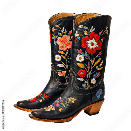 Folk boots with spring flower embroidery, May Day illustration, Transparent Image