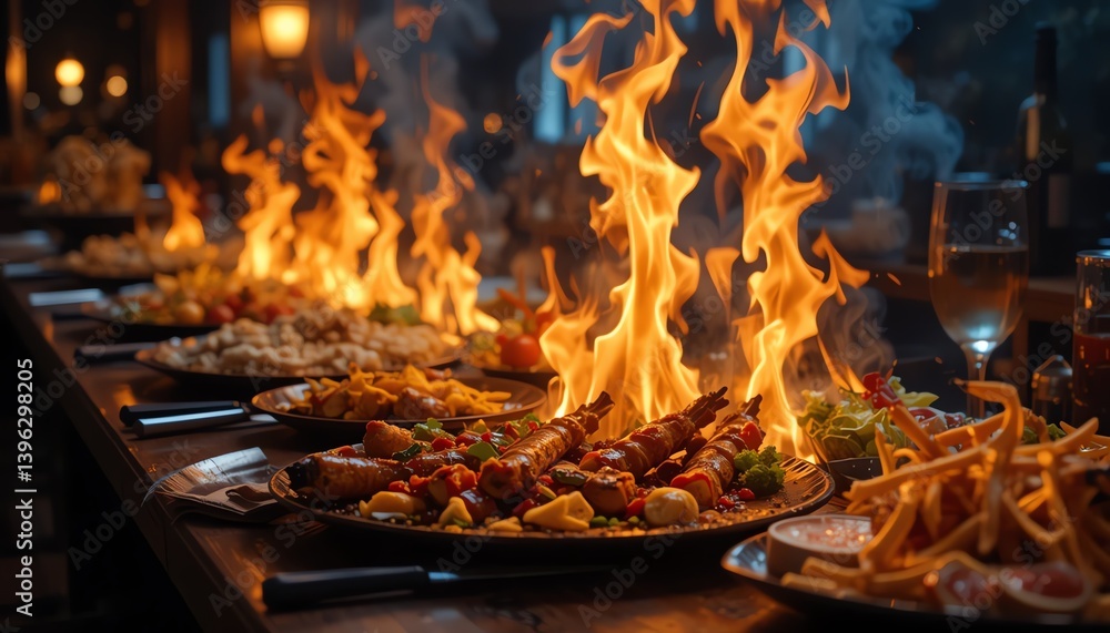 Fototapeta premium Flaming Food Catering Display at Restaurant Buffet