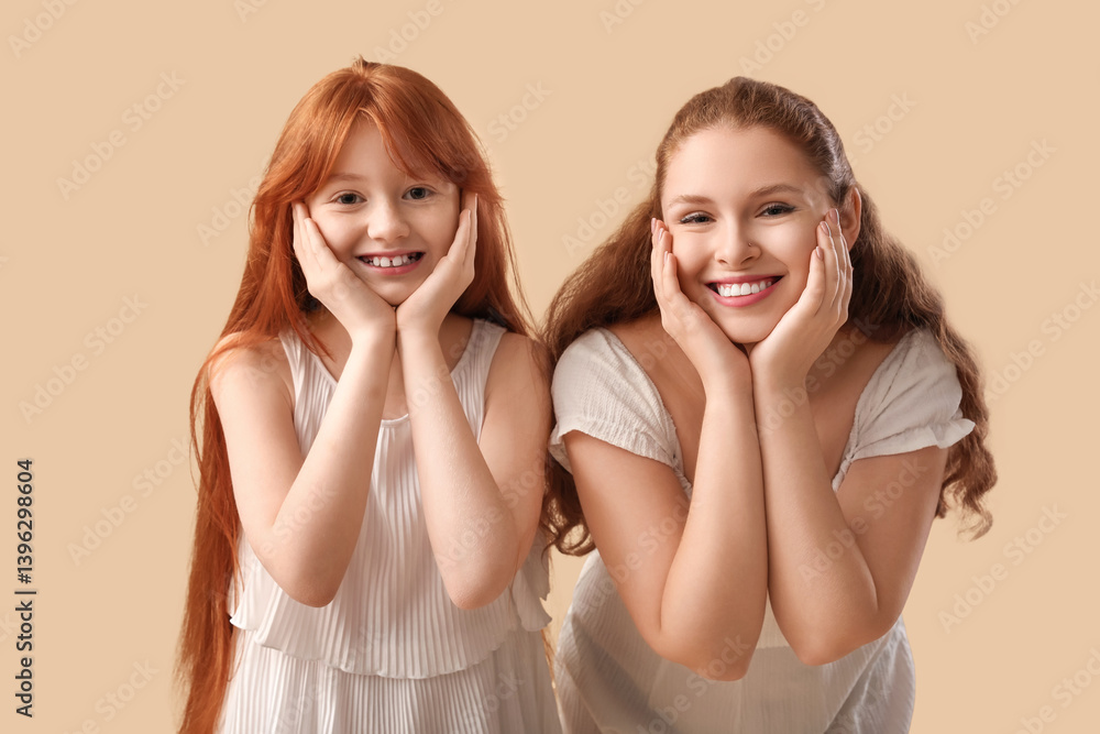 Beautiful young woman with her cute daughter on brown background. Mother's Day celebration Beautiful young woman with her cute daughter on brown background. Mother's Day celebration