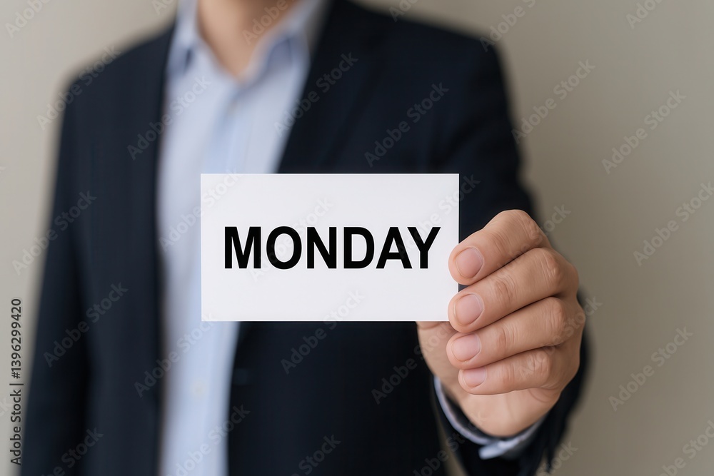 Businessman showing monday written on card Businessman showing monday written on card