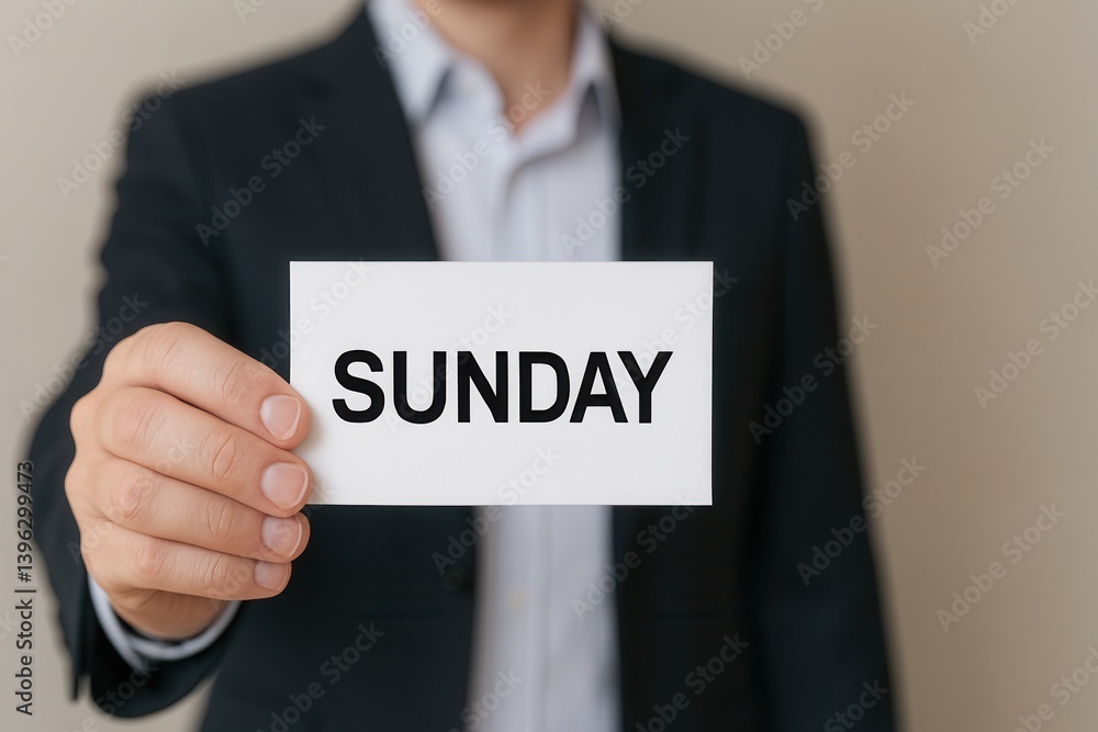 Businessman showing sunday word on white card Businessman showing sunday word on white card