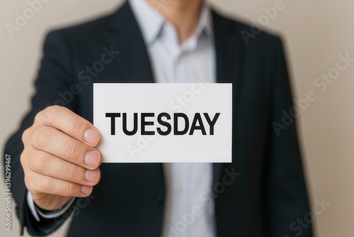 Businessman holding white card showing tuesday