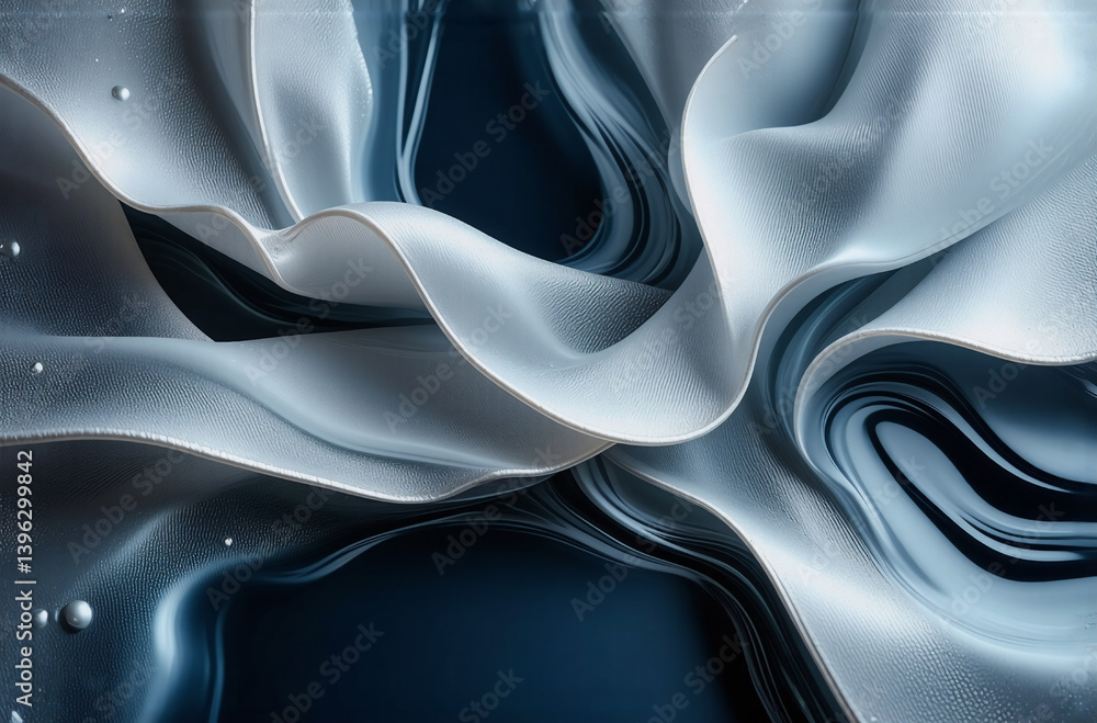Naklejka premium Abstract flowing form in white and blue hues, resembling draped fabric or liquid motion. Smooth texture with gentle waves and curves creates a serene and elegant design.