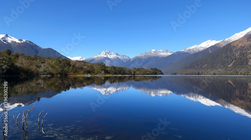 Calm mountain lake reflecting surrounding snow capped peaks with a clear blue sky ideal for outdoor adventure brands travel promotions and nature photography