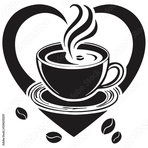Heart Shaped Coffee Designs – Romantic Coffee Cup Illustrations with Beans, Steam, and Decorative Elements for Café Branding and Valentine’s Day.