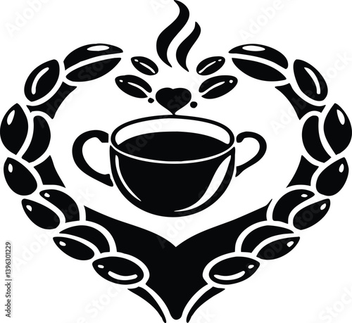 Heart Shaped Coffee Designs – Romantic Coffee Cup Illustrations with Beans, Steam, and Decorative Elements for Café Branding and Valentine’s Day.