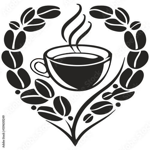 Heart Shaped Coffee Designs – Romantic Coffee Cup Illustrations with Beans, Steam, and Decorative Elements for Café Branding and Valentine’s Day.