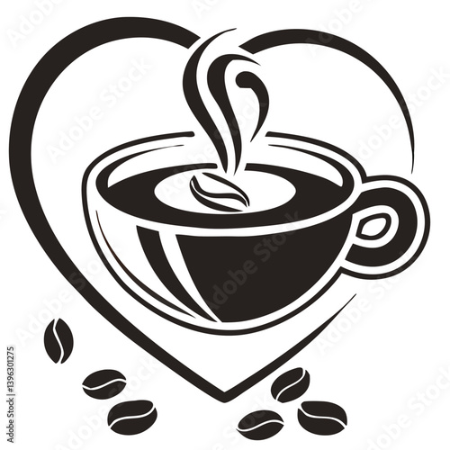 Heart Shaped Coffee Designs – Romantic Coffee Cup Illustrations with Beans, Steam, and Decorative Elements for Café Branding and Valentine’s Day.