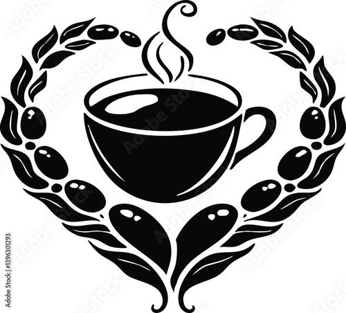 Heart Shaped Coffee Designs – Romantic Coffee Cup Illustrations with Beans, Steam, and Decorative Elements for Café Branding and Valentine’s Day.