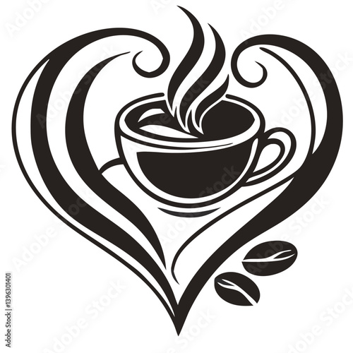 Heart Shaped Coffee Designs – Romantic Coffee Cup Illustrations with Beans, Steam, and Decorative Elements for Café Branding and Valentine’s Day.