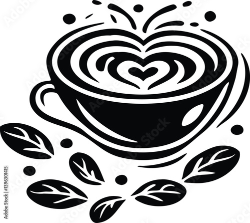 Heart Shaped Coffee Designs – Romantic Coffee Cup Illustrations with Beans, Steam, and Decorative Elements for Café Branding and Valentine’s Day.