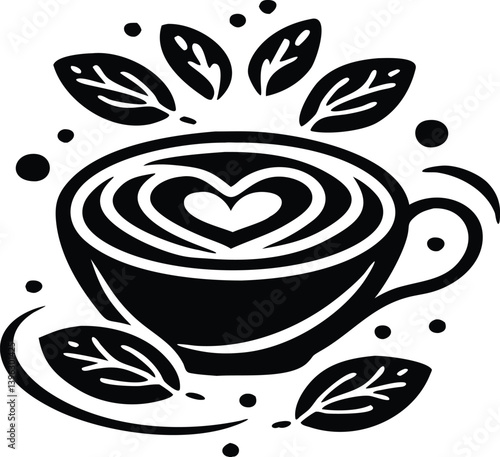 Heart Shaped Coffee Designs – Romantic Coffee Cup Illustrations with Beans, Steam, and Decorative Elements for Café Branding and Valentine’s Day.