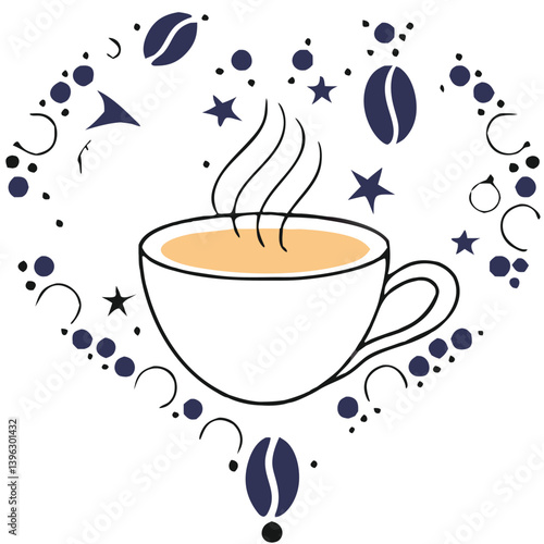 Heart Shaped Coffee Designs – Romantic Coffee Cup Illustrations with Beans, Steam, and Decorative Elements for Café Branding and Valentine’s Day.