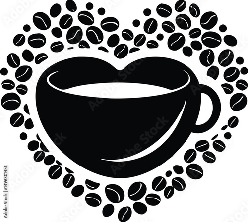 Heart Shaped Coffee Designs – Romantic Coffee Cup Illustrations with Beans, Steam, and Decorative Elements for Café Branding and Valentine’s Day.